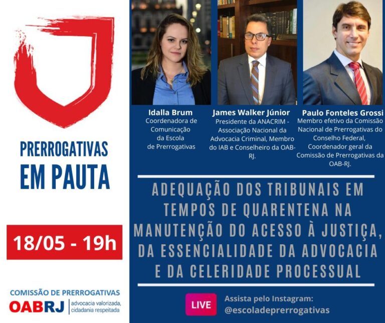 Criminalista James Walker fará Live para a Escola de Prerrogativas da OAB-RJ