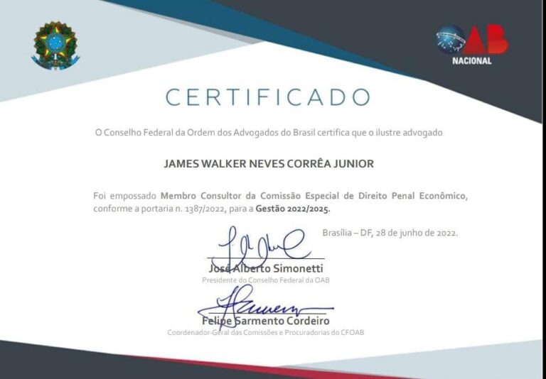 CRIMINALISTA JAMES WALKER É NOMEADO MEMBRO CONSULTOR DA COMISSÃO NACIONAL DE DIREITO PENAL ECONÔMICO