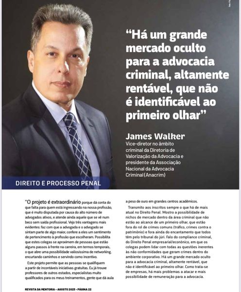 PROFESSOR JAMES WALKER É DESTAQUE NA REVISTA DA COMISSÃO DE MENTORIA DA OAB-RJ