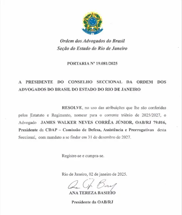 CRIMINALISTA JAMES WALKER ASSUME A PRESIDÊNCIA DE PRERROGATIVAS DA OAB-RJ